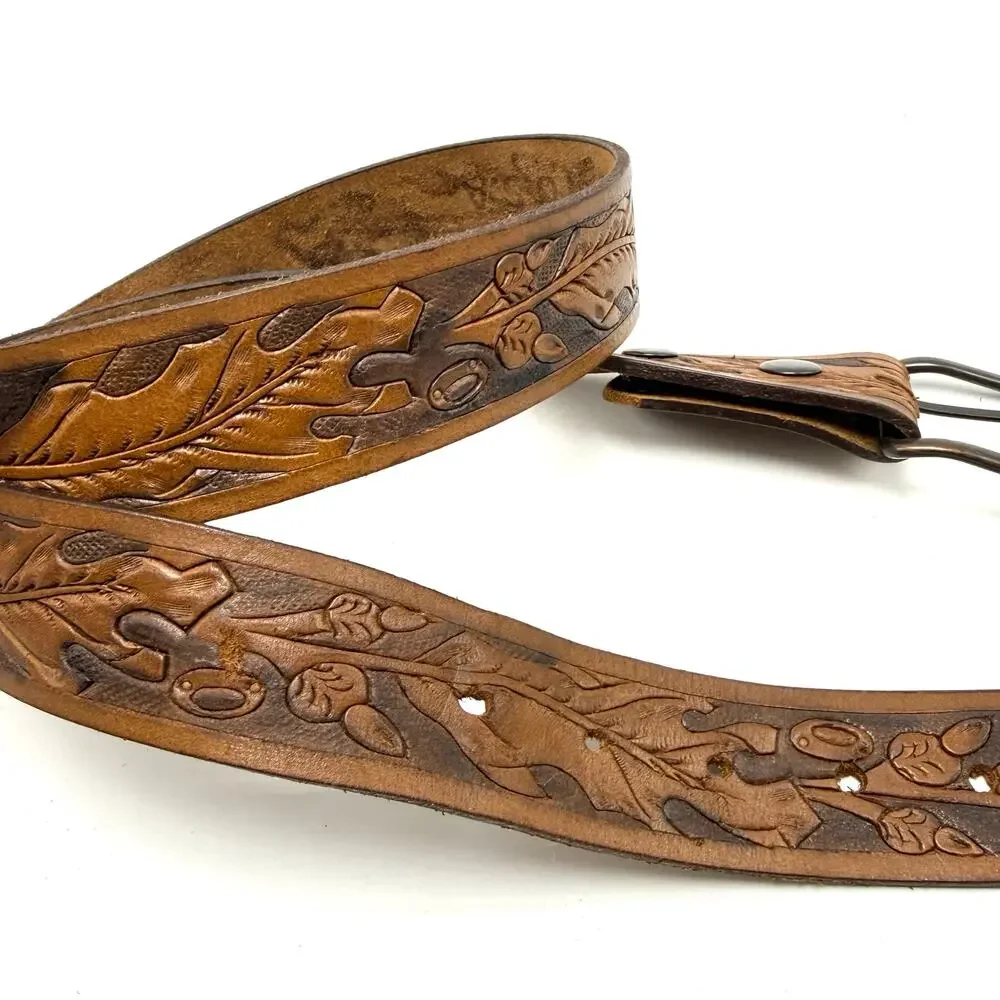 Vintage Brown Leather Western Belt 38 Tooled Leaves Cowboy Cowgirl Boho Hippie